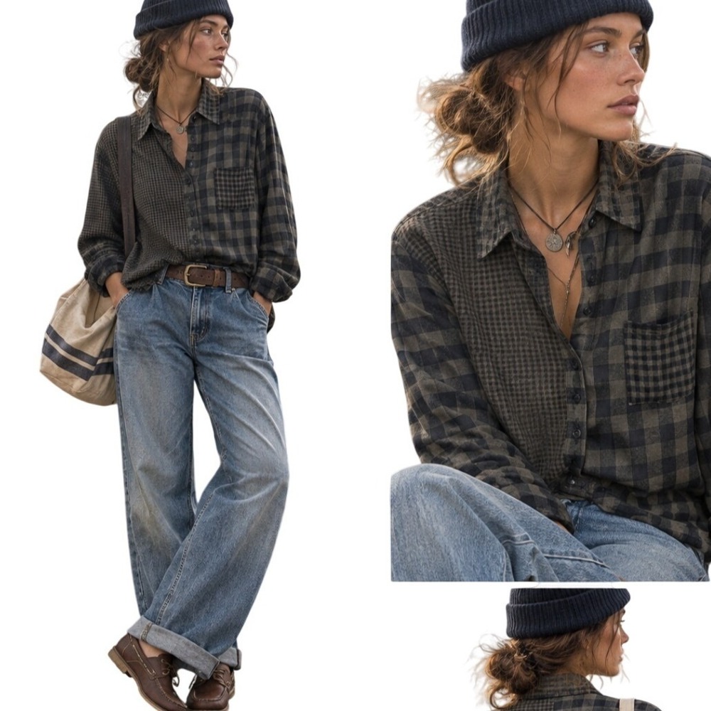 Rails Fisherman 90s Grunge Patchwork Olive Green Flannel Button Up Shirt
